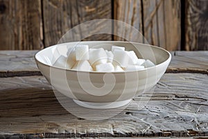  The bowl of sugar cubes on the wooden table